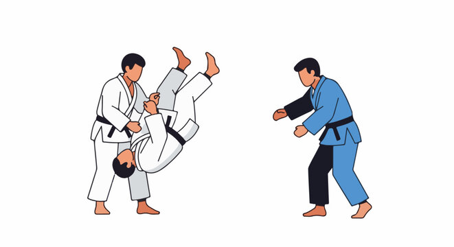A martial arts scene with one man throwing another, while a third man observes