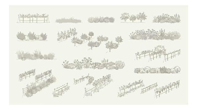 Vintage hand drawn vineyard and orchard vector set, rustic grape vines and fruit trees collection, botanical garden landscape elements for winery branding
