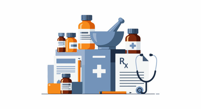 A medical illustration of a first aid kit with a mortar and pestle, stethoscope, and medication