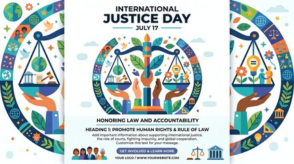 Obraz premium Vibrant poster for International Justice Day on July 17, featuring scales of justice and diverse hands holding a globe, promoting human rights and the rule of law with a colorful design