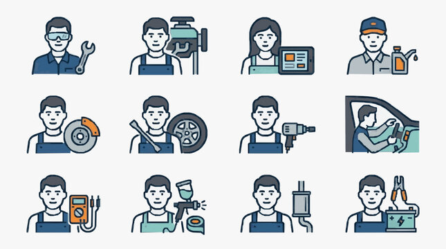 Dynamic Illustrations of Diverse Automotive and Technical Maintenance Professions with high professional line art symbols for modern creative design and digital branding projects