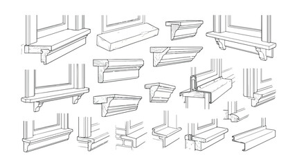 Architectural window sill details set, technical line art drawings of exterior window ledge profiles, construction molding vector icons © I'm_coming