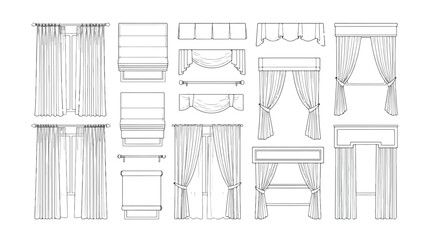 Curtain and window treatment line art set, interior design drapery sketches, roman blinds and valance vector icons for home decor planning © I'm_coming