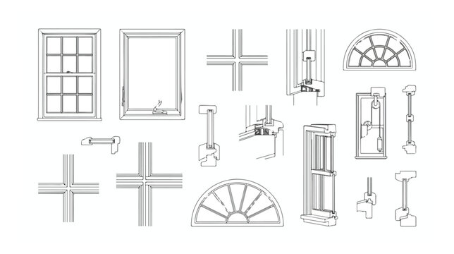 Architectural window technical drawings, construction detail vector set, building frame blueprints and glass section diagrams for engineering