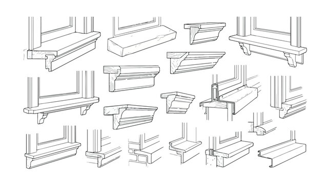 Architectural window sill details set, technical line art drawings of exterior window ledge profiles, construction molding vector icons