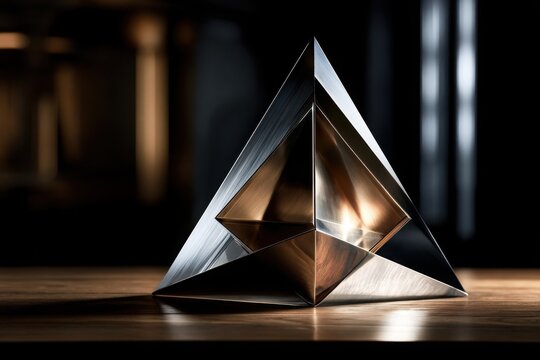 Abstract metallic pyramid geometric sculpture on wooden table