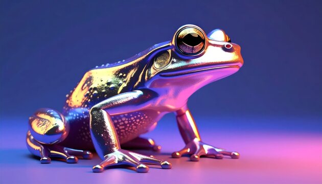 Chrome frog sculpture on purple and blue gradient background.