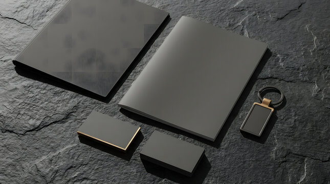 Black leather wallet and keychain on dark slate surface.