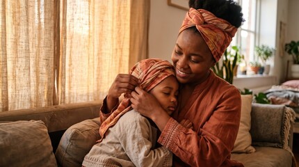 Fototapeta premium Mother gently wrapping headscarf around sleeping child on couch in cozy living room, warm natural light and tender family moment conveying love and comfort during quiet home routine