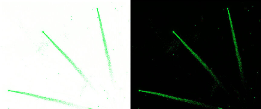 Green laser beams on black and white backgrounds, glowing neon light rays in dark and light environments, futuristic laser pointer light effect