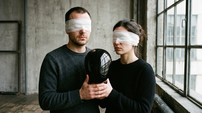 Blindfolded man and woman standing in industrial loft holding black mask between them, conceptual portrait exploring anonymity, trust and identity in urban studio with large windows and moody light
