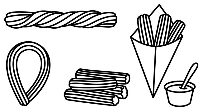Outline vector set of churro pastry. Simple line art illustration of sweet spanish fried dough in paper cone, twisted shapes and chocolate dip cup with spoon.