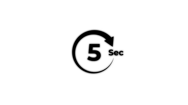 5 Seconds timer clock animation. Circle arrow countdown timer animation from 5 to 0 Seconds. Stopwatch timer clock animation.