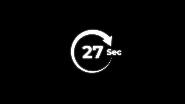 27 Seconds timer clock animation. Circle countdown timer animation from 27 to 0 Seconds. Stopwatch timer clock animation.