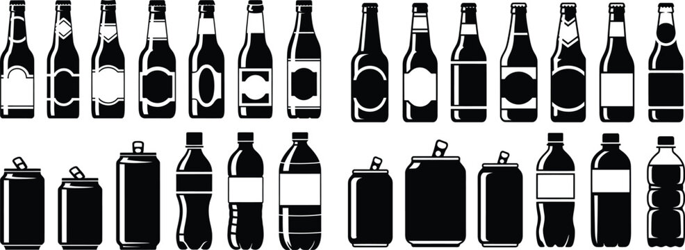 Bottles and cans of beverages like soda beer and water on transparent background.