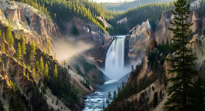 Grand Canyon of Yellowstone's Lower Falls: majestic waterfall cascades through a rugged landscape with lush pine forests and a winding river under a hazy sky, highlighting the raw power of nature.