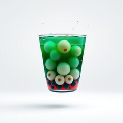 Fototapeta premium Vibrant drink features layered colors, bubbly texture. Spheres inside resemble eyeballs, creating spooky effect. Festive, playful presentation.