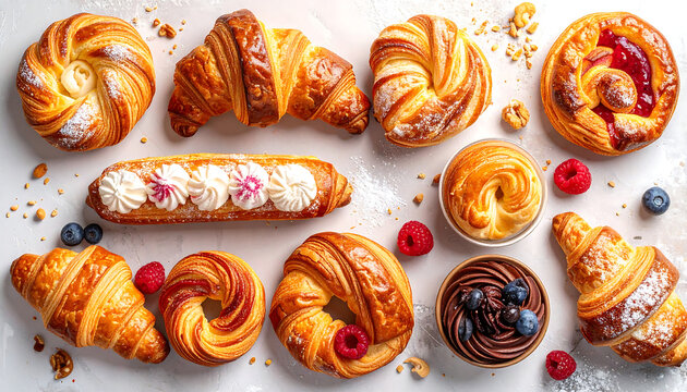 Assorted French pastries flat lay featuring golden croissants and fruit danishes on a white background banner layout