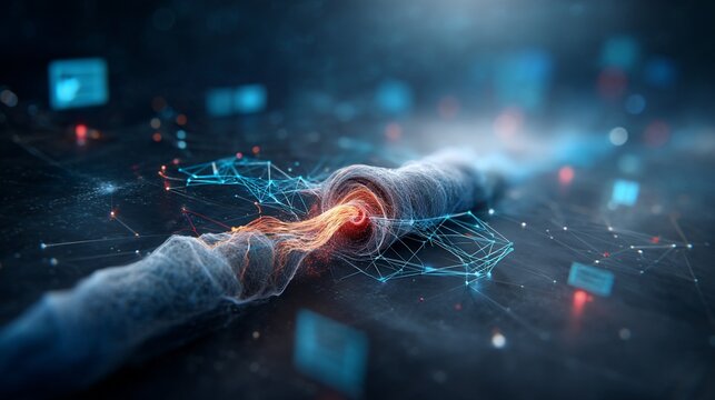 Abstract, digital art depicting data flow through a fiber optic cable with interconnected nodes