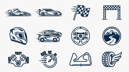 Naklejka premium Modern Racing and Automotive Performance Icons Collection Featuring High Speed Vehicles Safety Gear and Track Elements