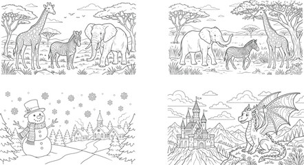 Obraz premium Four black and white drawings of animals and landscapes with elephant