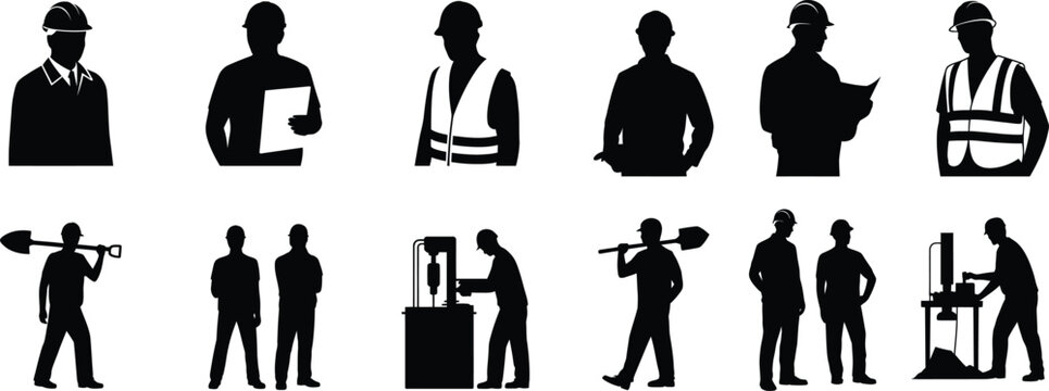 Builders wearing hard hats and safety vests working with tools and equipment at construction site.