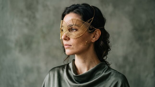 Young woman wearing ornate gold masquerade mask in neutral studio portrait, profile view with elegant metallic accessory and introspective expression against simple backdrop