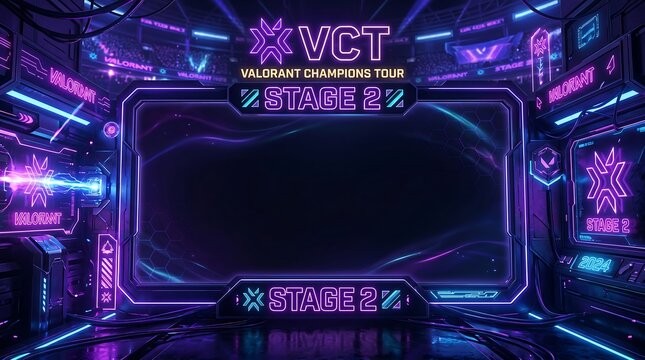Futuristic esports tournament broadcast background featuring neon glowing stage 2 graphics and cyberpunk digital arena elements for high energy gaming live streaming events