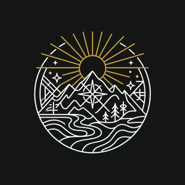 Minimalist mountain landscape line art illustration with sun and compass rose in circular frame.