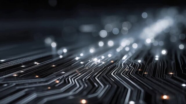 Abstract digital circuit board with glowing lights, representing data flow and technological innovation. ..Created with Generative AI, not depicting real subjects.