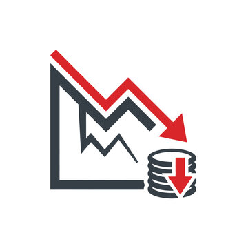 Financial crisis icon showing downward trend arrow with falling stock market graph and decreasing coin stack.