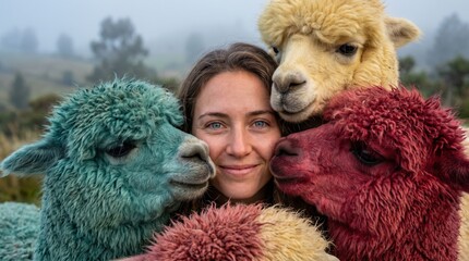 Obraz premium Smiling woman hugged by three colorful alpacas on a foggy hillside; close portrait shows fleece textures, dyed wool, and a warm caretaker–animal bond.