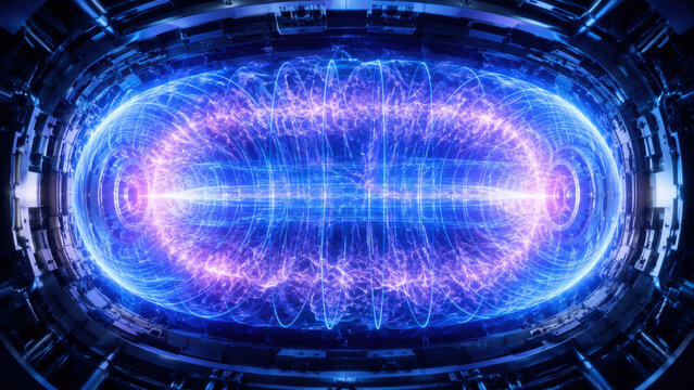 Fusion reactor plasma confinement field showing superheated ion stream surrounded by magnetic force lines with electric blue and violet energy gradients in scientific visualization