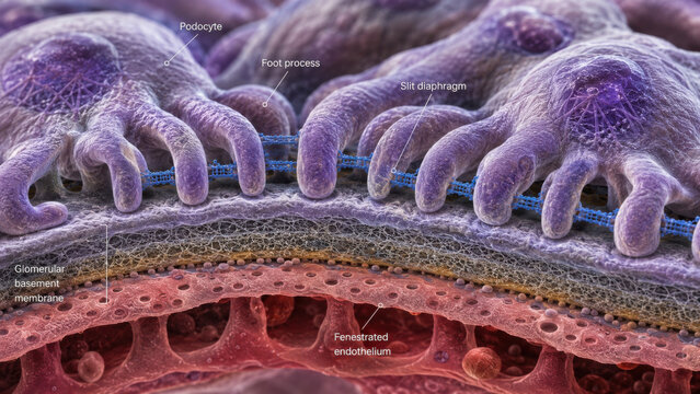 Detailed cross section of intestinal villi showing microvilli, epithelial cell layer, filtration barrier ultrastructure, fenestrated endothelium, and capillary network in vivid color