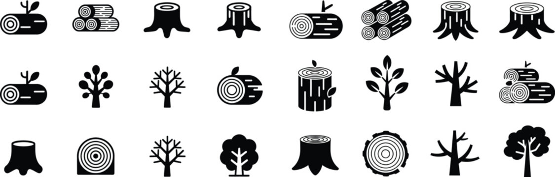 Collection of black wood icons on transparent background: logs, tree stumps, tree rings, trees, branches.