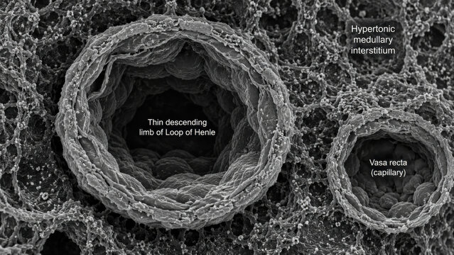 Thin descending limb loop of Henle cross section squamous epithelium lining surrounding hypertonic medullary vasa recta capillary scanning electron microscopy monochrome