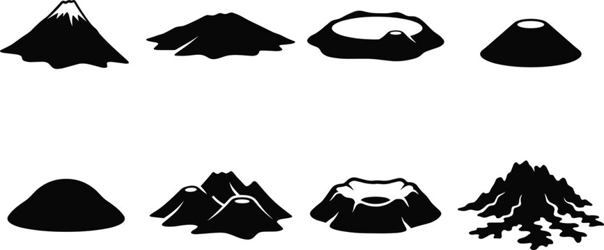 Collection of volcano silhouettes including shield stratovolcano caldera and lava dome types vector design elements