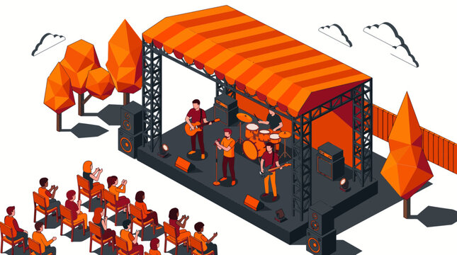 Isometric Outdoor Music Concert with Rock Band and Audience