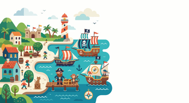 This colorful vector scene features a lively pirate cove with sailing ships, a coastal village, a lighthouse, and pirates guarding their golden treasure.