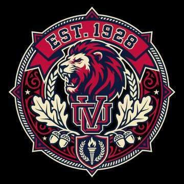 Vintage University Crest Featuring Roaring Lion Head and Established Year 1928 Emblem.