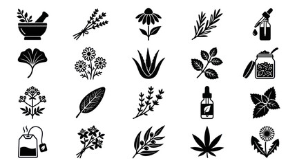 Herbal medicine and natural remedy botanical black icon set. © Betatas