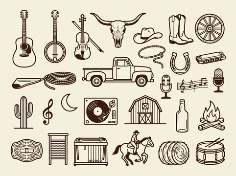 Vintage Country Music and Western Lifestyle Icon Set