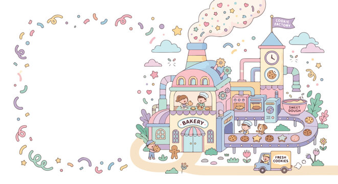 A whimsical pastel illustration of a busy cookie factory and bakery showing the production process from baking to delivery with cute characters.