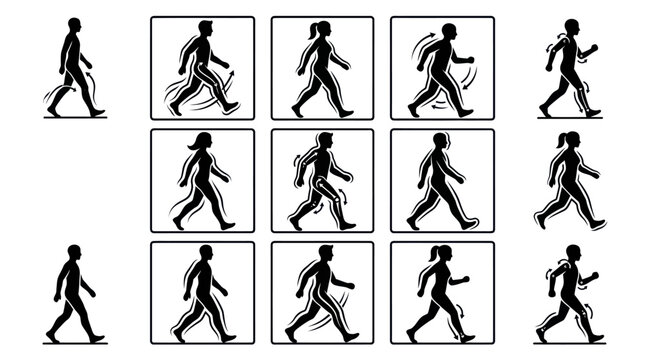 Human walking cycle animation sequence icons set.