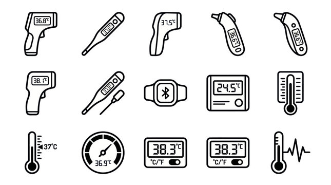 Line icons of electronic thermometers and temperature gauges.
