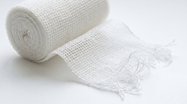 Rolled medical gauze bandage on white surface with frayed edge and woven mesh texture for clinical dressing and first aid supply, clean sterile minimal healthcare material detail