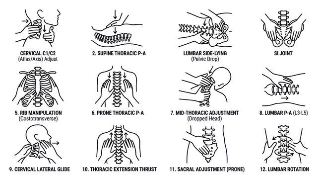 Manual therapy adjustment techniques for spine and joints illustrations.