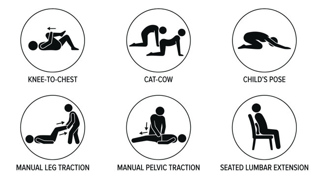 Lumbar decompression stretching exercises and manual traction icons.