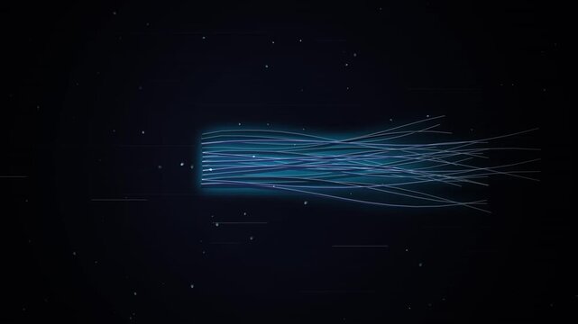 Abstract blue light streaks moving fast through dark space with sparkling particles, futuristic motion graphic