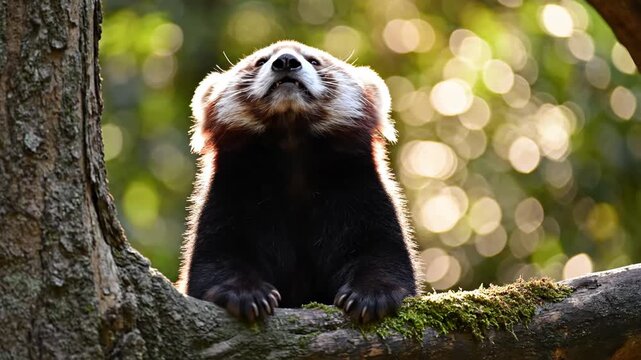 Red panda standing on a mossy tree branch in a forest looking up towards the sky during golden hour with sunlight highlighting its fur and whiskers against a bokeh background.